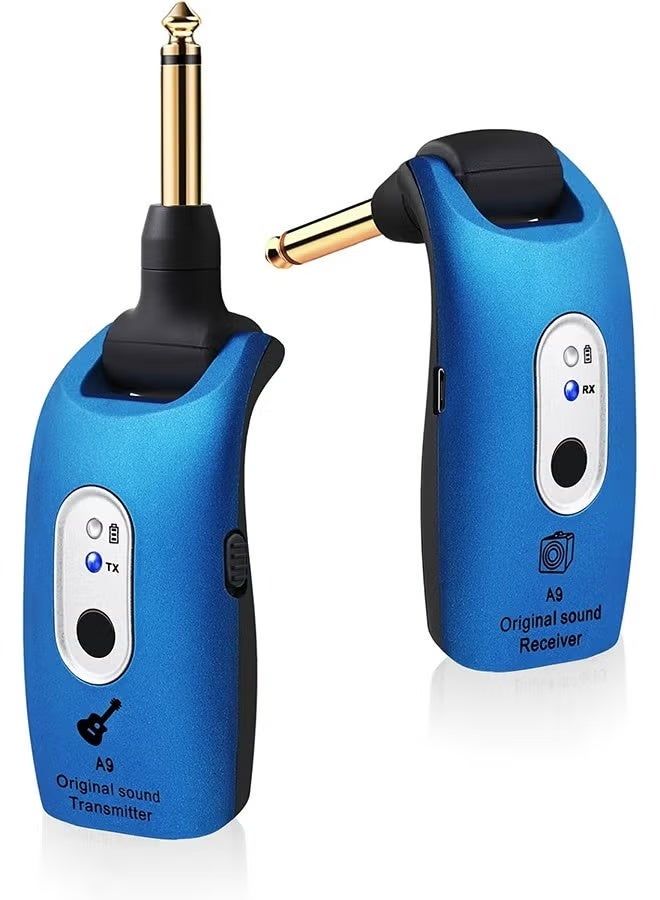 نظام جيتار لاسلكي A9 2.4 جيجا هرتز بطارية ليثيوم قابلة لإعادة الشحن مدمجة جهاز إرسال واستقبال صوتي لاسلكي قابل للدوران 270 درجة للجيتار الصوتي والباس والكمان ولوحة المفاتيح والأدوات الكهربائية، أزرق - Image 1